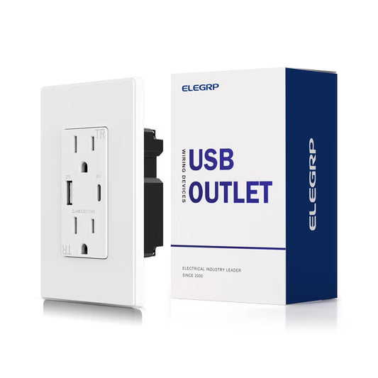ELEGRP 30W USB Outlets Receptacles, 15 Amp Outlet with USB C and USB A Ports for Support Fast Charge Protocols,w/Wall Plate, UL Listed,White,1 Pack