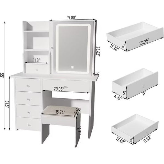 DYHOME Makeup Vanity Desk with Mirror and Lights & Charging Station, With 6 Drawers, Jewelry Storage, Make Up Table Set, Makeup Desk Stool Included