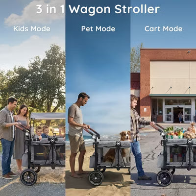 TODECARE 4-Seat Foldable Wagon Stroller with Harnesses, Adjustable Double Push Handle, Canopy, Snack Tray & Storage Bag, Gray