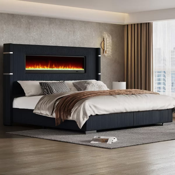 AMERLIFE Modern Bed Frame with Fireplace, Wingback Platform Bed Frame with 60.4“ Extra Tall Headboard