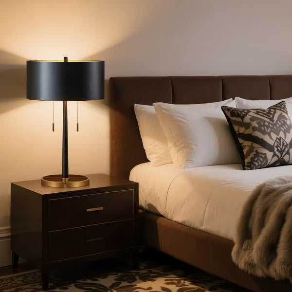 GTCLIGHTING Modern Table Lamps for Living Room,24" Black Metal Nightstand Lamp with Dual Pull Chain Switch for Bedroom Office