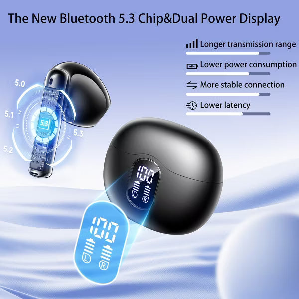 VEATOOL Wireless Earbuds, 2025 Bluetooth 5.3 Headphones Hi-Fi Stereo 3D Bass Ear Buds, 4 ENC Noise Cancelling Mic, 34Hrs USB-C in-Ear Earphones