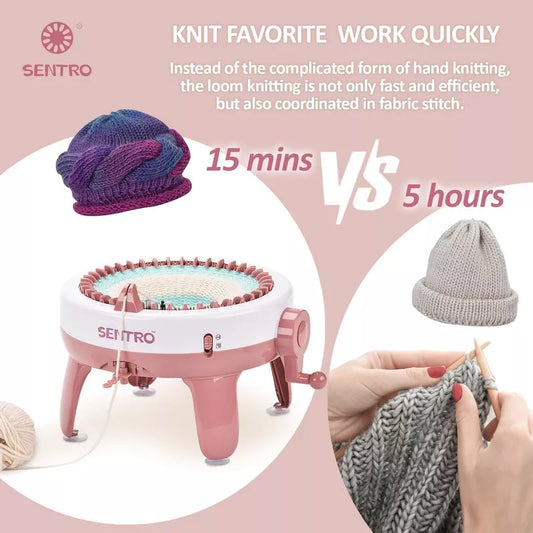 SENTRO 40-Needle Knitting Machine - Pink | Make Scarves, Hats, Socks Fast | Includes Flat/Tube Key, Easy for Beginners & Kids