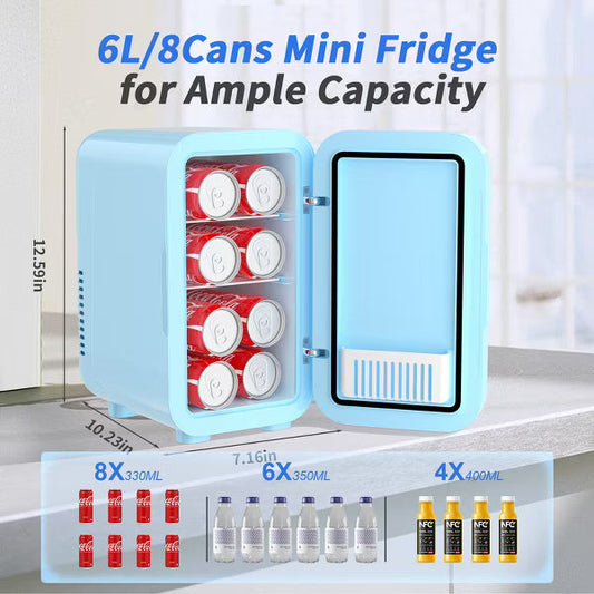 YASHE Mini Fridge, 6 Liter/8 Can 110V AC/DC Portable Thermoelectric Cooler Refrigerators for Bedroom, Skincare, Beverage, Office, Dorm Room and Car