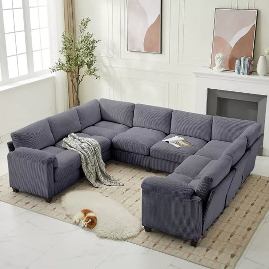 Hyleory Corduroy Oversized Modular Sectional Sofa Couch with Movable Ottoman, Large Seater Corner Sofa for Living Room, Office, Spacious Space