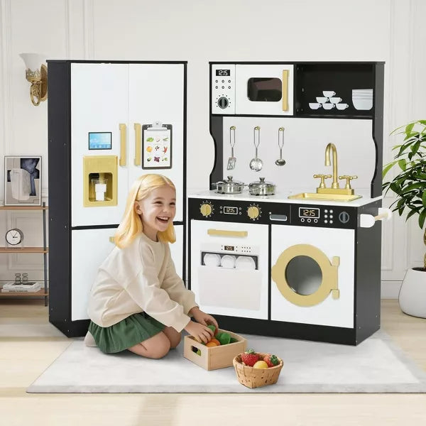 Wooden Play Kitchen Set for Kids with Sink, Freezer, Ice Maker, Washing Machine & Accessories Large Storage & Realistic Features