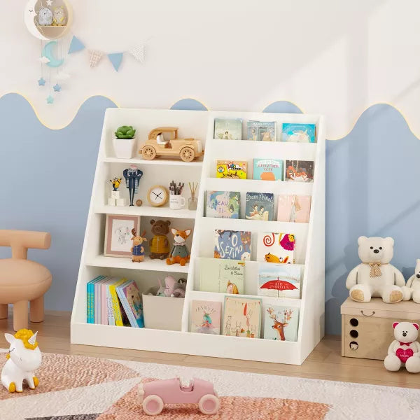 Kids Bookshelf and Toy Storage Organizer, Multifunctional 4 Tier Wooden Kids Book Shelf with Bookcase Display Stand in Kids Room Playroom Nursery