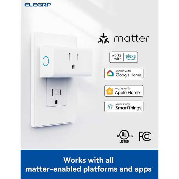 ELEGRP Matter Supported Mini Smart Plug, Smart Outlet 15A/1800W Max, Compatible with Apple Home/Siri/Alexa/Google Home/SmartThings, White 2PC