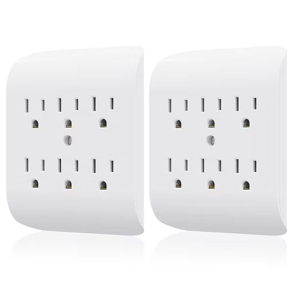 ELEGRP 6 Outlet Extender with Central Anchor, 3 Prong Grounded Wall Tab, Multiple Outlet Extender with 6 Electrical Outlets, ETL Listed, White 2 Pack