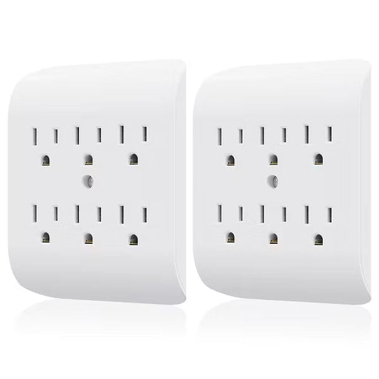 ELEGRP 6 Outlet Extender with Central Anchor, 3 Prong Grounded Wall Tab, Multiple Outlet Extender with 6 Electrical Outlets, ETL Listed, White 2 Pack