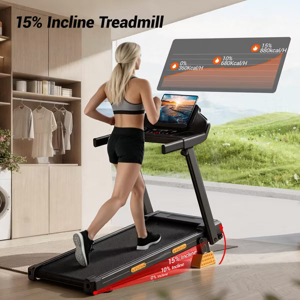 KikiBriz Treadmills for Home with Incline, 7-Layer Shock-Absorbing Foldable Treadmill with Led Screen & Handle Bar Up to Large Capacity