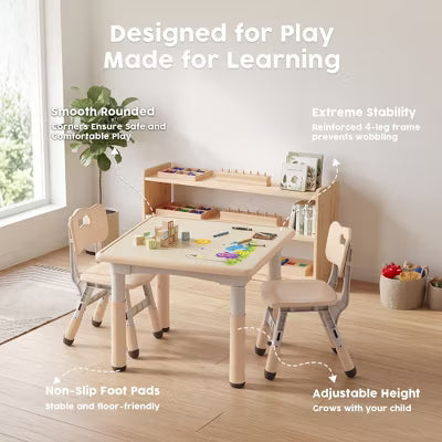 TODECARE Kids Table and Chair Set with Height Adjustable Table & Chairs, and Safe Design, Perfect for Play, Study, and Dining, Natural