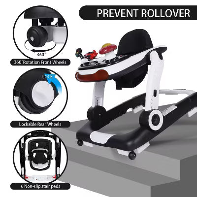 TODECARE 5-in-1 Baby Walker , Adjustable Height Activity Walker with Safety Bumper for Toddlers, Black