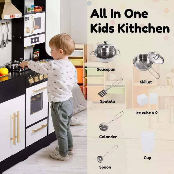 Kinder King Wooden Kids Play Kitchen, Toy Kitchen Playset for Toddlers, Realistic Kitchen Set with Sounds, Gift for Boys and Girls Age 3+