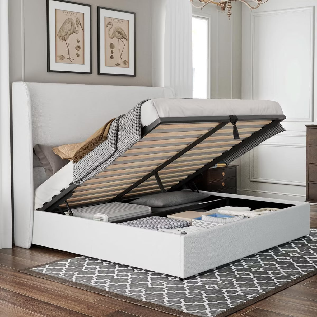 AMERLIFE Bed Frame with Lift Up Storage,Linen Upholstered Platform Bed,Wingback Headboard