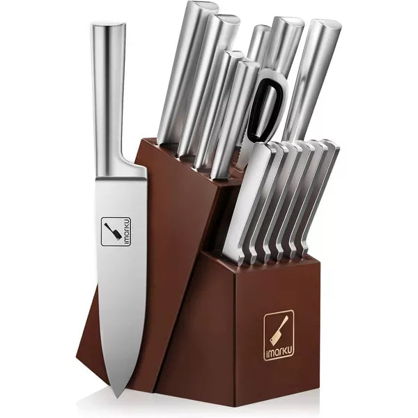 imarku Kitchen Knife Set 15 Pieces Japanese Stainless Steel Knife Block Set with Sharpener - Dishwasher Safe Kitchen Knives, Silver