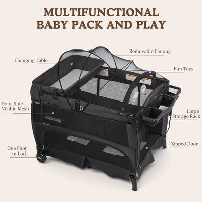 TODECARE 5-in-1 Baby Playard with Bassinet, Bedside Sleeper, Changing Table, Canopy & Side Zipper, Portable Baby Playard