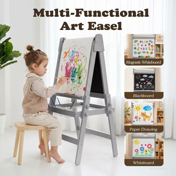 TODECARE Adjustable 3-in-1 Kids Art Easel with Magnetic Whiteboard, Chalkboard, Paper Roll & Storage, Gray