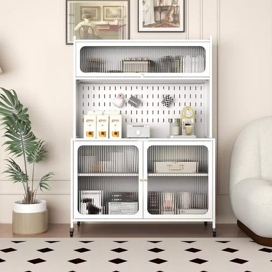 Munora - White Metal Bakers Rack with Flip Door Cabinet & Pegboard - Microwave Stand with Storage for Kitchen/Pantry