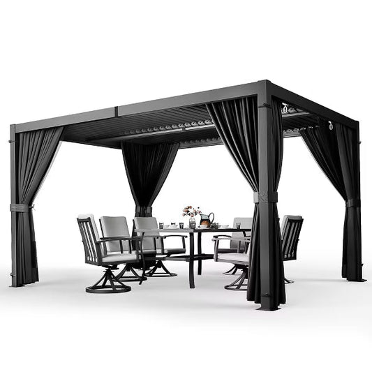 HAPPATIO Outdoor Louvered Pergola, Metal Pergola with Adjustable Rainproof Roof, Patio Pergola with Curtains and Mosquito Nets
