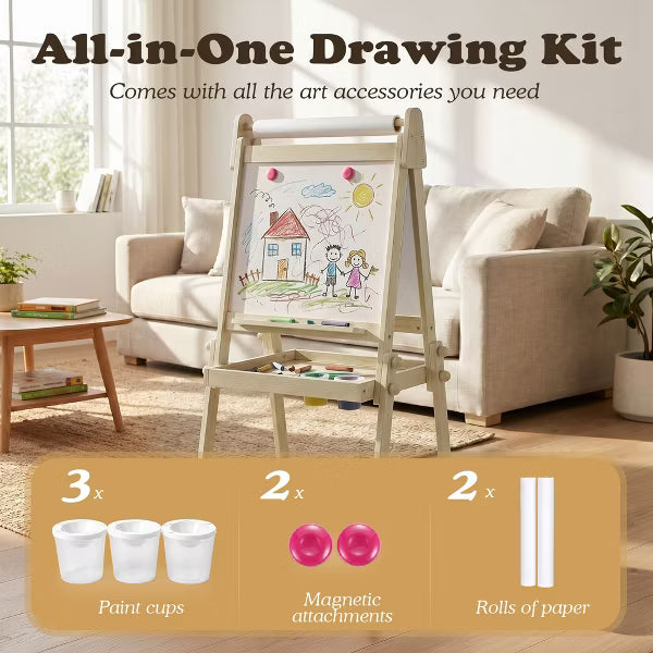 TODECARE Adjustable 3-in-1 Kids Art Easel with Magnetic Whiteboard, Chalkboard, Paper Roll & Storage, Natural