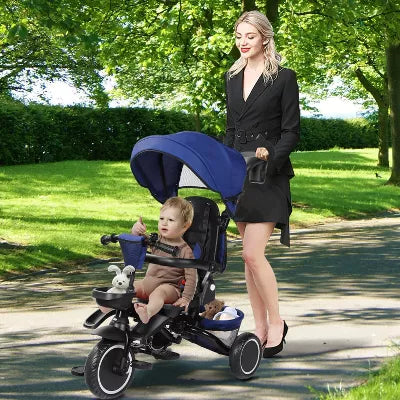 TODECARE 8-in-1 Kids Folding Tricycle with Adjustable Push Handle, Blue