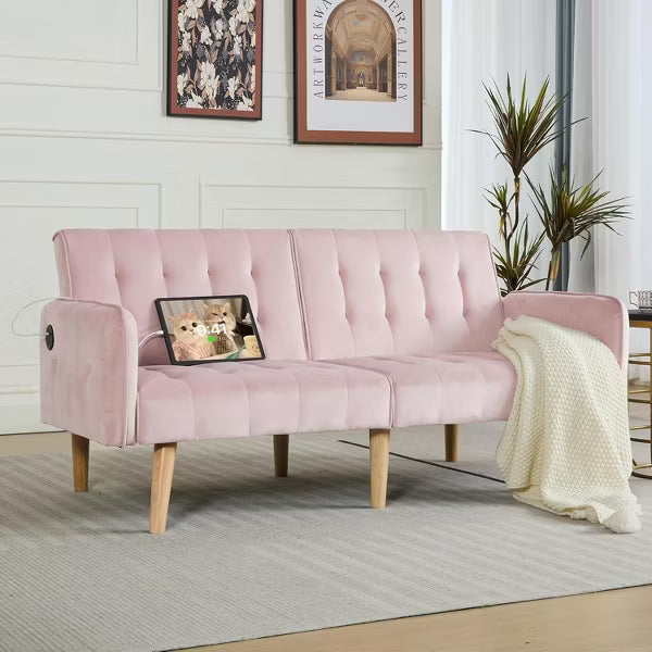 TYBOATLE 65" Convertible Pink Velvet Futon Sofa Bed, Modern Upholstered Couch with USB, Folding Loveseat for Bedroom, Apartment, Office,Pink