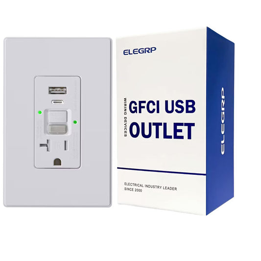 ELEGRP GFCI Outlet & USB Charger 24W Receptacle w/Night Light,20A TR,Type A & C w/Midsize Screwless Wall Plate, UL & CUL Listed, White, 1 pack