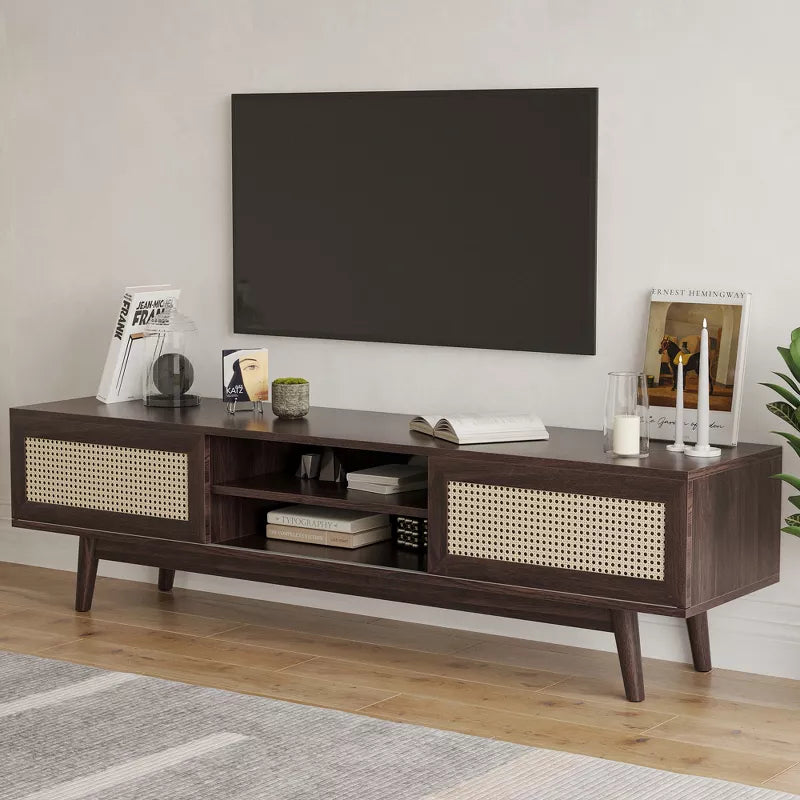 GlasFlength TV Stands and Consoles Modern Minimalist Cabinet with Storage, Console with Open Shelves Furniture for Living Room, Brown, 65"*15.6"*18"