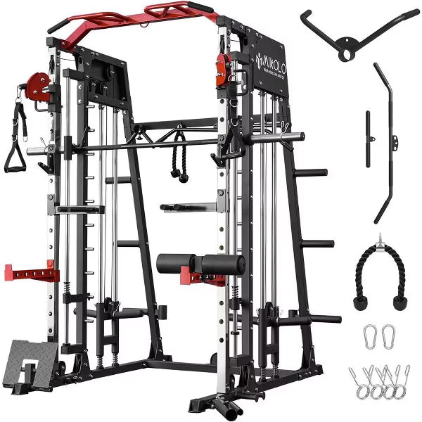 ER KANG Smith Machine, 2200lbs Squat Rack with LAT-Pull Down System & Cable Crossover Machine, Training Equipment with Leg Hold-Down Attachment