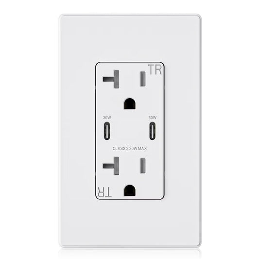 ELEGRP 30W USB Outlets Receptacles, 20 Amp Outlet with Dual USB C Ports for Support Fast Charge Protocols,w/Wall Plate, UL Listed,White,1 Pack