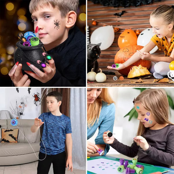 Fun Little Toys 144pcs Prefilled Cauldrons with Halloween Toy Witch Fingers Rings Stickers Stamps Bouncy Balls, Bulk Mini Cauldrons Gifts