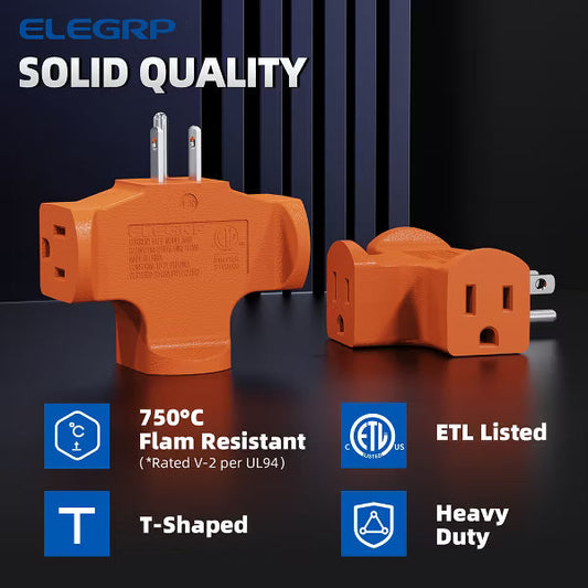 ELEGRP 3 Prong Heavy Duty Power Extender to Triple Outlet in T Direction, Multi-Directional Grounded 15A 125V Tap Adapter Plug ETL Listed, Orange 3PC