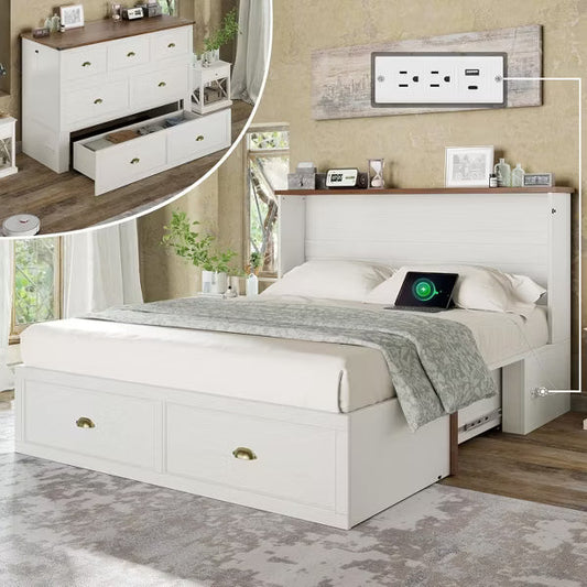 AMERLIFE Murphy Bed, Cabinet Bed Frame with Charging Station and Storage Drawer