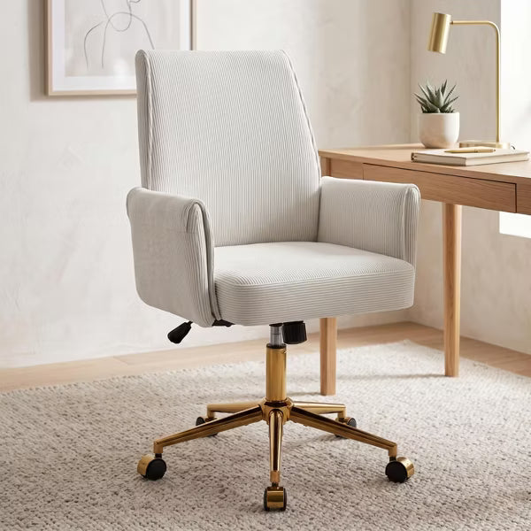 Mid-Back Swivel Office Chair, Ergonomic Striped Fabric Desk Chair with Gold Metal Base, Adjustable Height Task Chair for Home Office, Vanity & Study