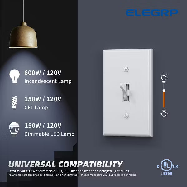 ELEGRP Digital Toggle Dimmer Switch Single Pole/3-Way for Dimmable LED, CFL and Incandescent Light Bulbs, UL Listed, 6 PC, White