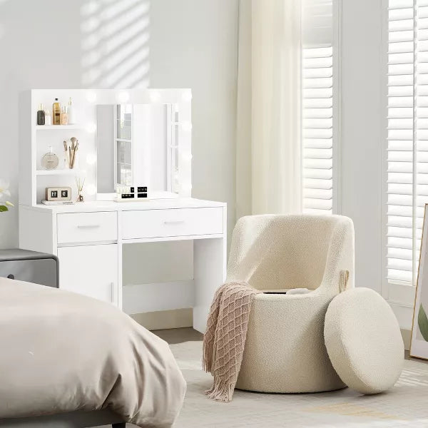 HYLEORY Makeup Ottoman with Storage, Upholstered Vanity Stool with Foldable Backrest Modern Cylindrical Footrest Stool for Living Room Bedroom