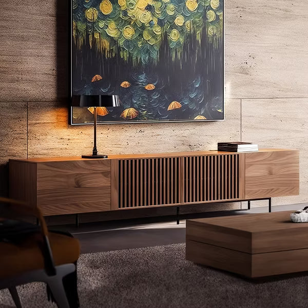 Luck Live Mid-Century Modern TV Stands 94.48" Consoles,up to100'' Media Centerw/ Cabinets & wood Doors&Metal Frame,Walnut-colored