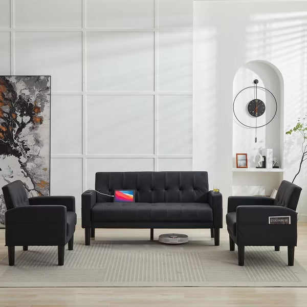 TYBOATLE 3-Piece Sofa Couch, Modern Linen Upholstered Sofa, 3-Piece Set (Loveseat & Chair) Sofa with Deep Seats for Living Room,Black
