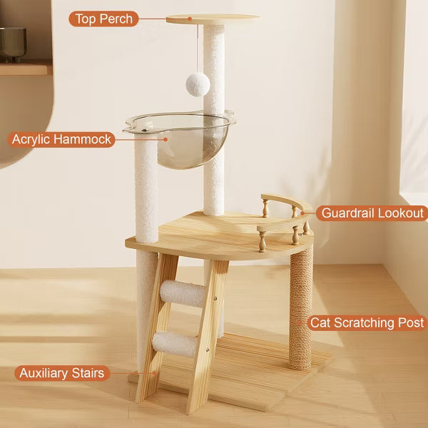 41.3" Modern Cat Tower, Wood Cat Tree Tower, Cat Treewith Sisal-Covered Scratching Posts and Top Perch, Cat Condo with Acrylic Hammock