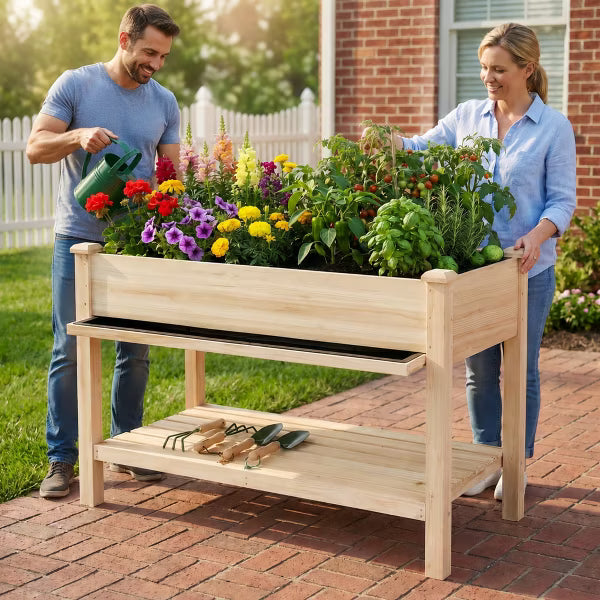 Raised Garden Bed 48"x23"x31" Elevated Wood Planter with Storage Shelf & Water Tray – Outdoor Herb, Vegetable & Flower Planter for Balcony Patio