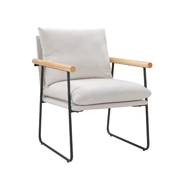 Modern Accent Chair with Removable Cushion, Wood Armrests, for Living Room, Bedroom, White