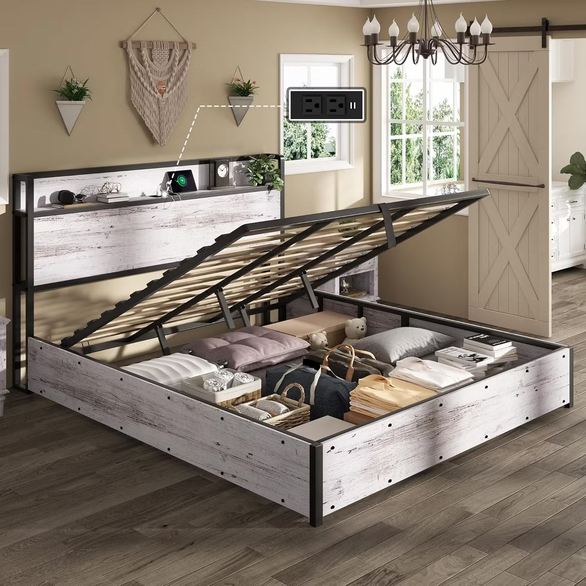 AMERLIFE Lift Up Storage Bed Frame with Lifting Storage & Charging Station