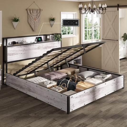 AMERLIFE Lift Up Storage Bed Frame with Lifting Storage & Charging Station