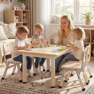TODECARE Kids Table and 4 Chair Set with Height Adjustable Table & Chairs, and Safe Design, Perfect for Play, Study, and Dining, Natural