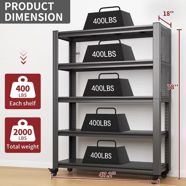 Munora - 78"H 5-Tier Heavy Duty Shelving with Pegboard & Wheels - 47.2"W x 18"D - 2000lbs Capacity