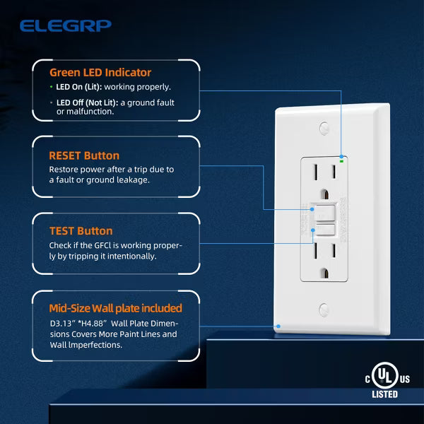 ELEGRP GFCI Outlet Self-Test, 15 Amp 125V NO Tamper Resistant Duplex wall outlet, with Glossy Wall Plate, UL Listed