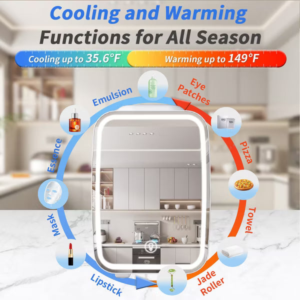 YASHE Mini Skincare & Food Fridge with Dimmable LED Mirror, 4L/6 Cans Cooler & Warmer, Portable for Makeup, Beauty, Food, Office & Car
