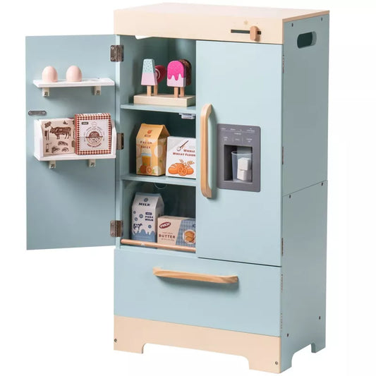 ROBOTIME Play Kitchen for Toddlers,Fridge Refrigerator with Ice Dispenser,Wooden Kids Kitchen Playset Toy,Gift for Ages 3+, Blue, 18"*11"*40.5"