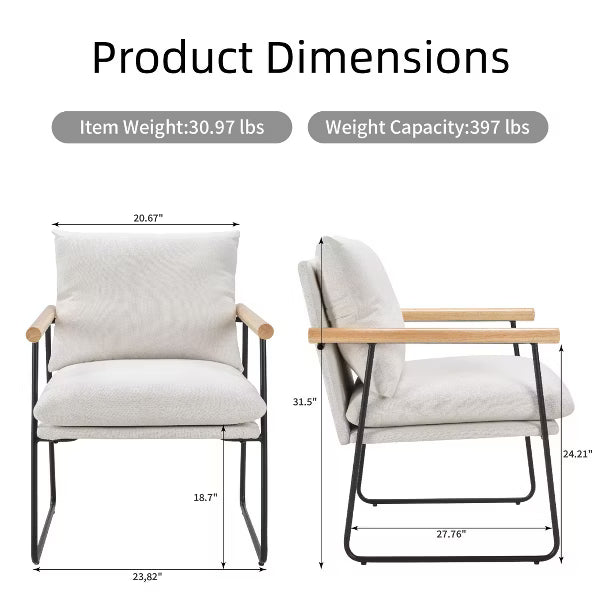Modern Accent Chair with Removable Cushion, Wood Armrests, for Living Room, Bedroom, White